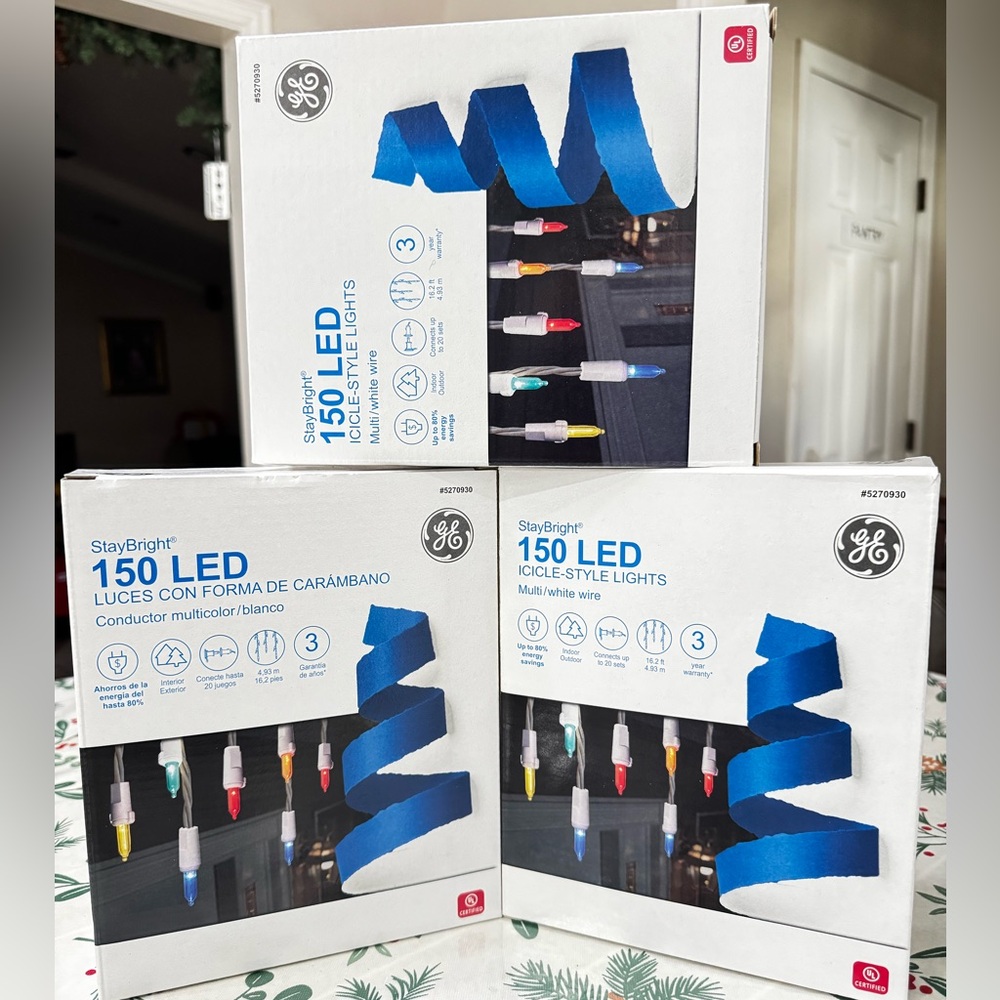 GE StayBright "3 Box" 150Ct Constant Multicolor Mini LED Christmas Icicle Lights
